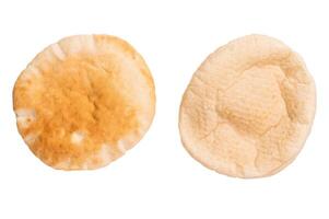 Fresh pita bread close up isolated on white background. top view photo