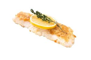 Baked Cod fish fiilet, fried whitefish meat isolated on white background photo