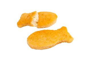 Fish fingers or fish sticks isolated on white background. top view photo