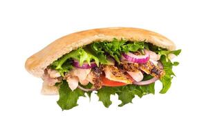 Gyros with grilled chicken meat, salad, tomato, onion, tzatziki in pita bread isolated on white background photo