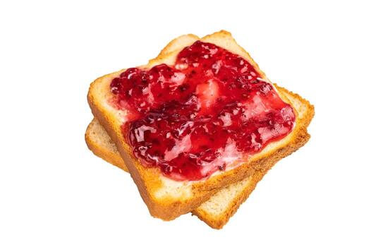 Toast with butter and raspberry jam isolated on white background. top view photo