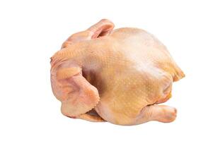 Raw eco farm chicken carcass on the cutting board isolated on white background photo