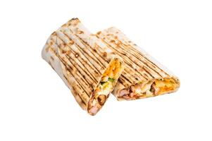 Traditional oriental shawarma, doner kebab with meat and salad isolated on white background photo