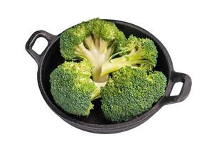 Fresh raw broccoli pieces in a skillet isolated on white background. top view photo