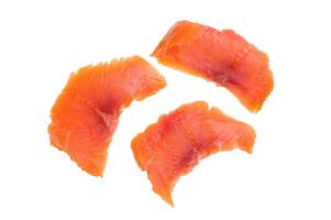 Slices of salted salmon, trout isolated on white background. top view photo