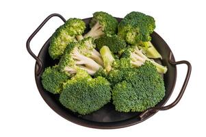Green fresh broccoli pieces in a steel tray isolated on white background. top view photo