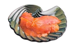 Slices of smoked salmon, trout isolated on white background. top view photo