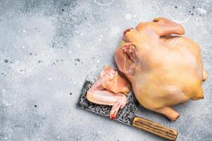 A whole raw chicken and a single chicken wing lay on a gray countertop with a cleaver photo