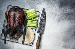 Whole roast Peking duck with herbs, sauce, rice Pancake, Cucumber and onion. White background. Top view. Copy space photo