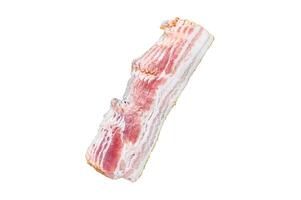Raw sliced pork bacon ready for cooking. Isolated on white background, Top view. photo