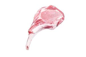 Raw fresh tomahawk pork chop steak Isolated on white background, Top view. photo