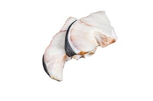 Blue Shark raw fish steaks Isolated on white background, top view. photo