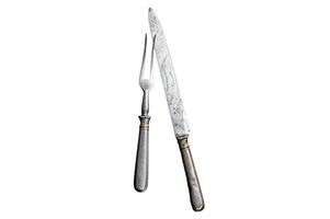 Vintage butcher meat fork and knife with cloth towel on wooden table. Isolated, white background. photo