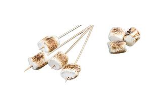 BBQ Grilled Marshmallow on the sticks. Isolated, white background. photo