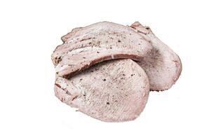 Boiled beef tongue sliced in a pan with herbs. Isolated on white background. photo