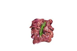 Raw liver chicken offals meat on a wooden cutting board with butcher cleaver. High quality Isolate, white background. photo