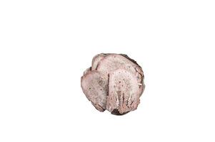 Boiled beef tongue sliced in a pan with herbs. High quality Isolate, white background photo