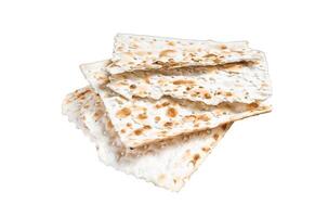Happy Passover concept, matzah on a wooden board. Isolated, white background. photo