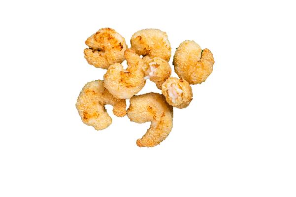 Roasted Crispy Shrimps Prawns on a marble board with green salad. High quality Isolate, white background.