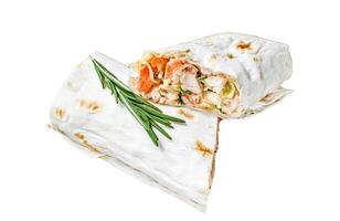 Shawarma roll sandwich in a lavash with chicken, beef, mushrooms, cheese. Dark Isolated on white background, Top view. photo