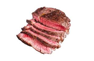 Fillet Mignon tenderloin Grilled and sliced meat beef steaks. Isolated on white background, top view. photo