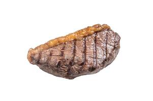 Fried and sliced Top sirloin steak, Grilled cup rump beef meat steak. Isolated on white background. photo