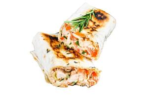 Burrito with grilled chicken and vegetables, fajitas, shawarma. Isolated on white background, Top view. photo