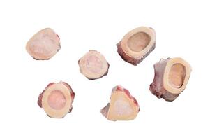 Raw calf Marrow bones on butcher table. Isolated on white background. photo