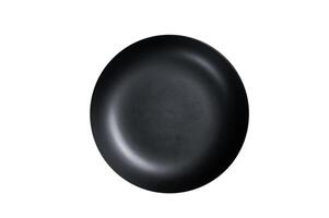 Empty black craft plate on table. Table setting. Isolated on white background. photo