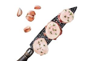 Beef Marrow bones, raw meat with herbs. Isolated on white background, top view. photo