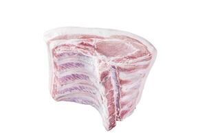 Raw whole rack of pork loin with ribs Isolated on white background, top view. photo