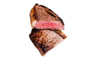 Cut fried rump cap or brazilian picanha beef meat steak Isolated on white background, top view. photo