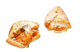 Vegetarian baguette submarine sandwich with grilled eggplant, pepper and feta cheese. Isolated on white background. Top view. photo