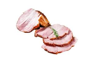Cold Smoked pork sirloin meat with herbs Isolated on white background, top view. photo