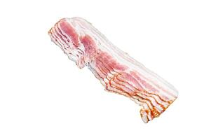 Raw sliced pork bacon ready for cooking. Isolated on white background, Top view. photo