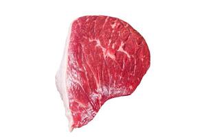 Fresh Raw rump beef cut or top sirloin cap steak on butcher cleaver. Isolated on white background. photo