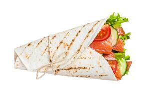 Wrap salmon sandwich, roll with fish and vegetables. Isolated on white background, top view. photo
