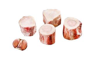 Uncooked Raw veal Marrow bones Isolated on white background, top view. photo