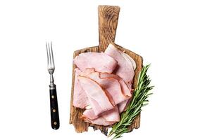 Pork ham slices on cutting board, Italian Prosciutto cotto. Isolated on white background, top view. photo