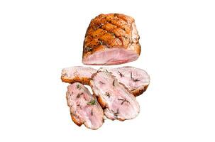Sliced Duck breast fiilet, roasted steak with sauce. Isolated on white background, top view. photo