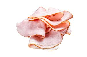 Pork ham slices on cutting board, Italian Prosciutto cotto. Isolated on white background, top view. photo