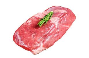 Raw lamb meat sirloin steak Isolated on white background, top view. photo