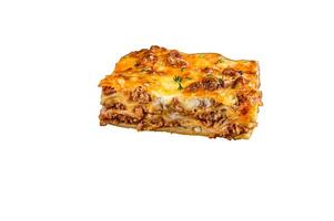 Lasagna with mince beef meat and tomato bolognese sauce on a plate. High quality Isolate, white background. photo