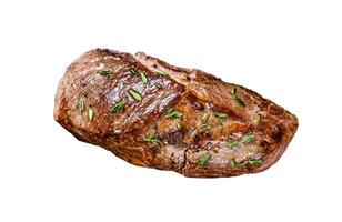 BBW grilled lamb leg meat steak Isolated on white background, top view. photo