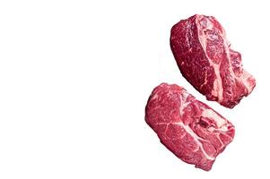 Raw Chuck eye roll beef steak on butcher table. High quality Isolate, white background. photo
