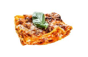 Homemade Italian Lasagna with Tomato Sauce and Beef. Isolated on white background. Top view. photo