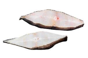 Raw fresh steak fish halibut Isolated on white background. Top view. photo