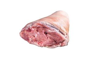 Uncooked Raw pork ham hocks, shanks on a wooden board with spices. Isolated on white background photo