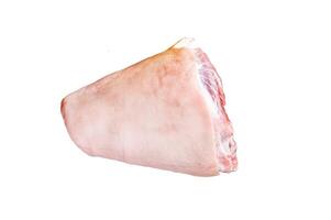 Fresh Raw pork shank knuckle on a butcher board with herbs for cooking. Isolated, white background. photo