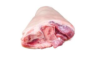 Raw pork knuckle meat on a kitchen table. Isolated on white background. photo